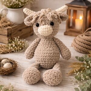 Handmade Crochet Highland Cow Plush 14” Neutral Farm Cottagecore Toy